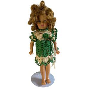 Vintage Shirley Temple Doll Blonde Hair 14" Hand-Crocheted Green & Ivory Dress C